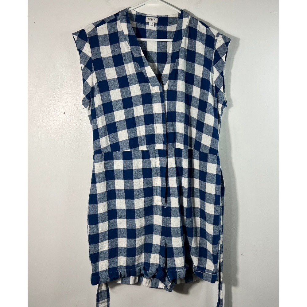 J Crew Linen Blend Gingham Romper‎ Sleeveless 12 Blue White Linen Viscose